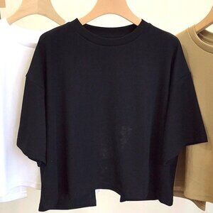 BLACK ROUND NECK SHORT SLEEVE BACKLESS TEE SHIRT STRIP OF FABRIC ACROSS BACK